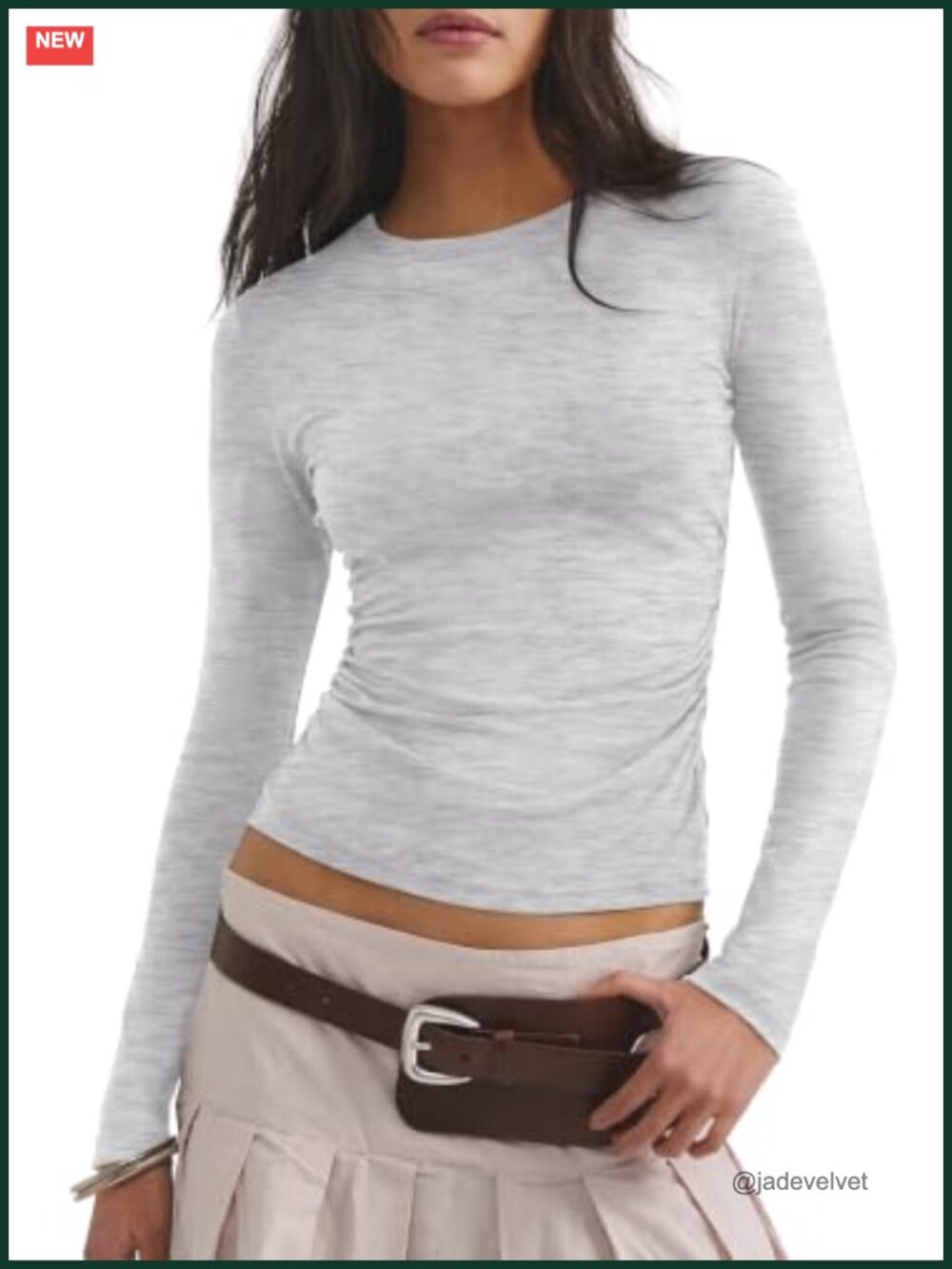 Women's Ruched Side Long Sleeve Crew Neck Slim Fit Top Casual Fall Tee